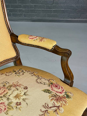 Pair of French Louis XV Carved Walnut Fauteuil Armchairs with Floral Needlepoint Upholstery, c.1920's