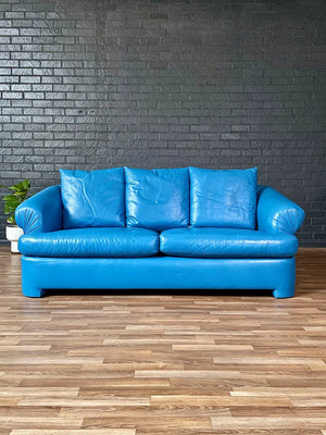 Vintage Post Modern Blue Leather Sofa, c.1980’s