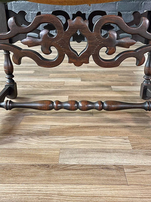 Spanish Revival Carved Wood & Velvet Stool w/ Nailhead Trim, 1940’s
