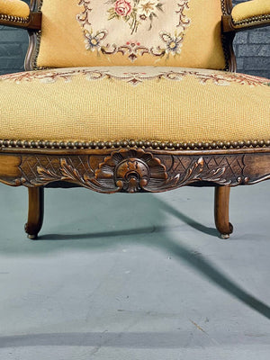 Pair of French Louis XV Carved Walnut Fauteuil Armchairs with Floral Needlepoint Upholstery, c.1920's