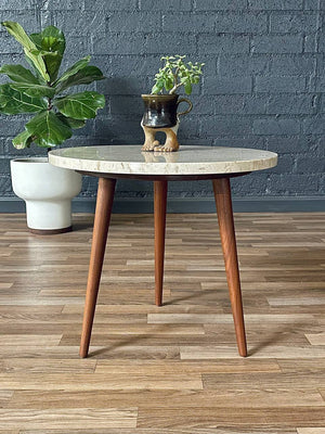 Mid-Century Modern Walnut Tripod Side Table w/ Crema Marfil Marble,c.1960’s