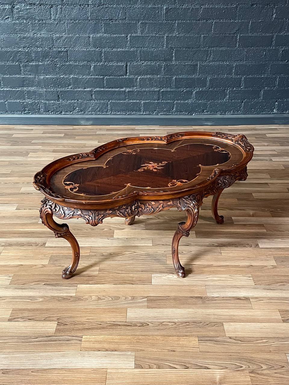 Italian Rococo Revival Carved Walnut Coffee Table w/ Floral Marquetry ...