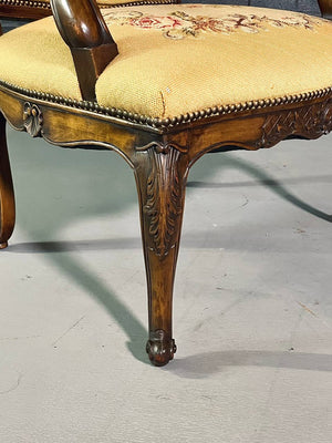 Pair of French Louis XV Carved Walnut Fauteuil Armchairs with Floral Needlepoint Upholstery, c.1920's
