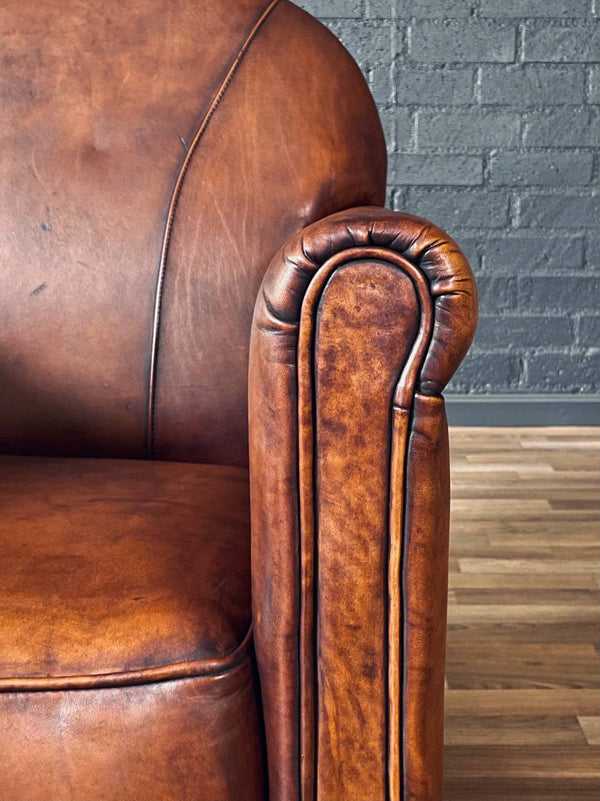 Vintage French Art Deco Style Leather Club Chair w/ Patinated Cognac