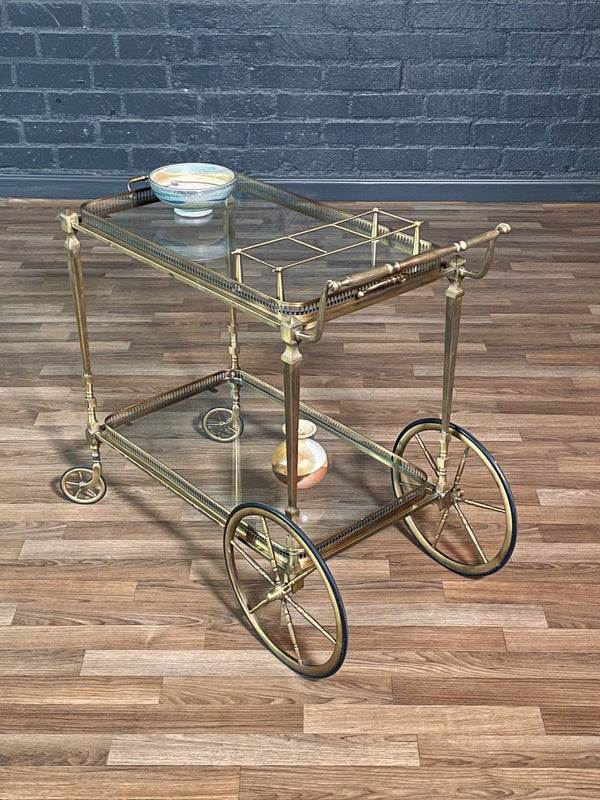 Vintage French Hollywood Regency Brass Service Cart w/ Bottle Holder, c.1960’s