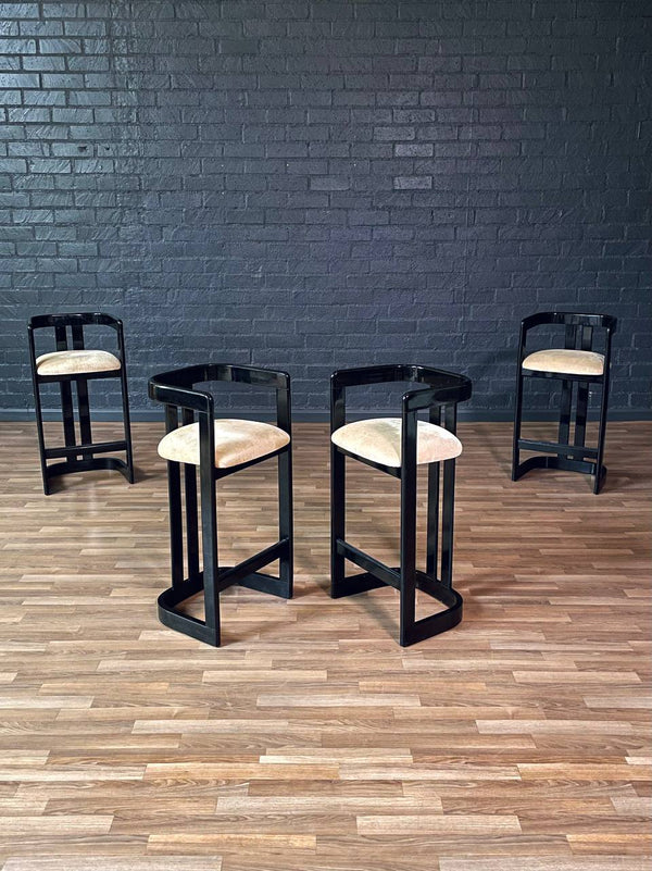 Set of 4 Vintage Post Modern Black Lacquered Bar Stools, c.1980s
