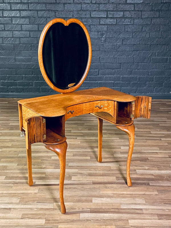 French Art Nouveau Style Tiger Oak Dressing Desk w/ Sculpted Cabriole Legs & Heart Mirror, c.1920’s