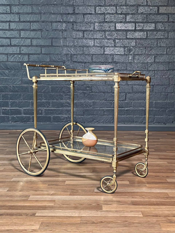 Vintage French Hollywood Regency Brass Service Cart w/ Bottle Holder, c.1960’s