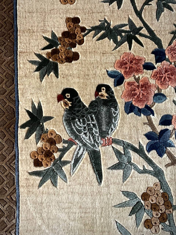 Vintage Silk Rug Tapestry With Birds Motif