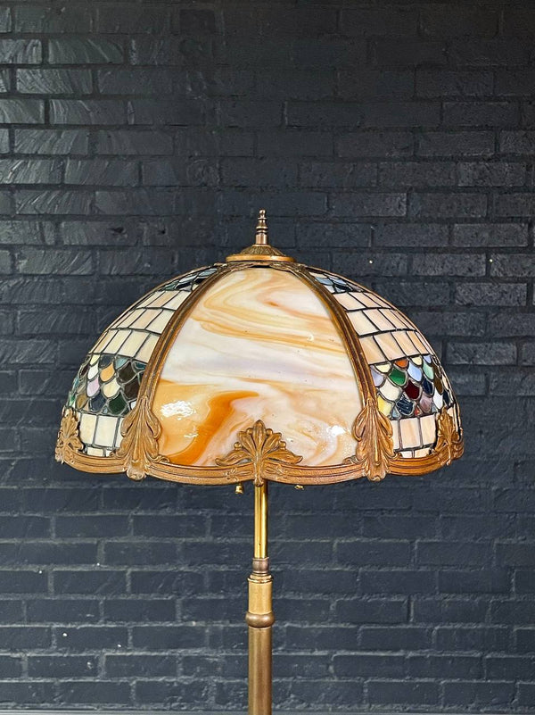 Tiffany Style Art Nouveau Style Floor Lamp w/ Slag Glass Shade, c.1940’s