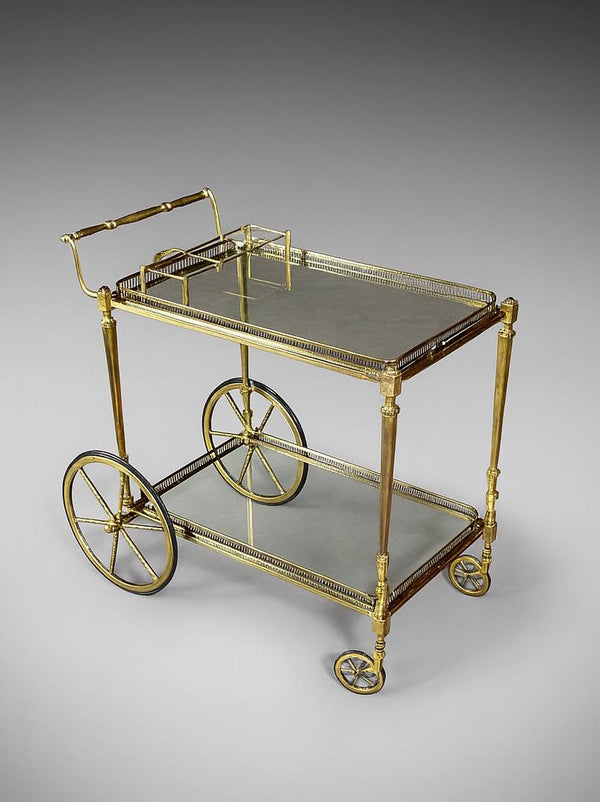 Vintage French Hollywood Regency Brass Service Cart w/ Bottle Holder, c.1960’s