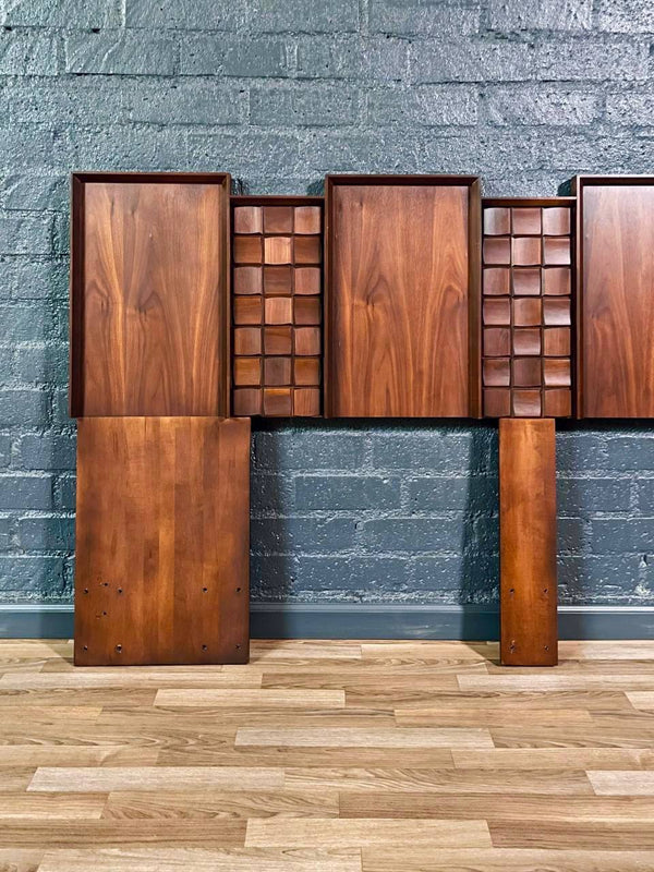 King Size Mid-Century Modern Brutalist Walnut Headboard, c.1970’s