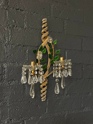 Pair of Italian Crystal Beaded Sconces with Floral Decorations, c.1940’s
