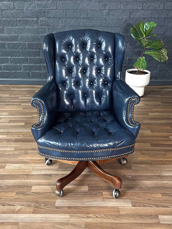 Vintage Wingback English Chesterfield Style Blue Leather Office Chair, c.1960’s