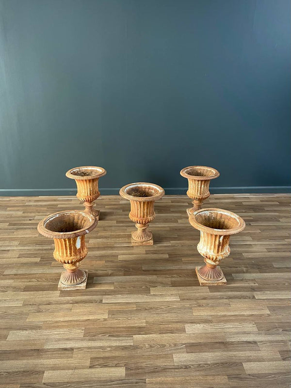 Set of 5 Patinated Cast Iron Urn Planter Coastal Rustic Farmhouse, c.1960’s