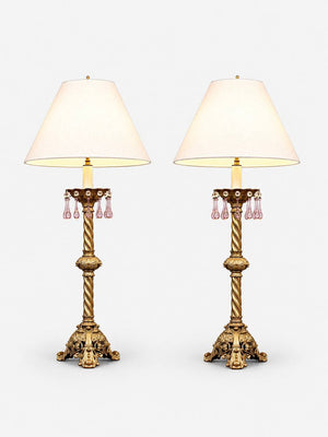 Pair of Victorian Revival Brass & Cast Metal Table Lamps with Pink Crystal Prisms, c.1940's