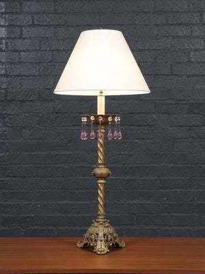 Pair of Victorian Revival Brass & Cast Metal Table Lamps with Pink Crystal Prisms, c.1940's