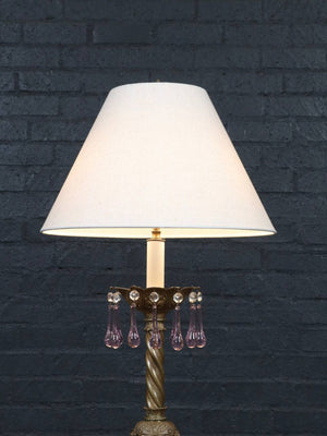 Pair of Victorian Revival Brass & Cast Metal Table Lamps with Pink Crystal Prisms, c.1940's
