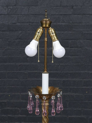 Pair of Victorian Revival Brass & Cast Metal Table Lamps with Pink Crystal Prisms, c.1940's