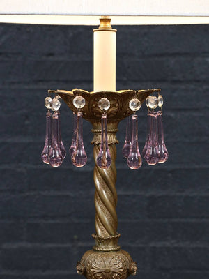 Pair of Victorian Revival Brass & Cast Metal Table Lamps with Pink Crystal Prisms, c.1940's