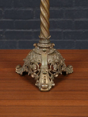 Pair of Victorian Revival Brass & Cast Metal Table Lamps with Pink Crystal Prisms, c.1940's