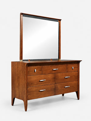 Mid Century Modern Walnut Profile Dresser with Mirror by John Van Koert for Drexel, c.1950's