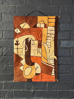 Mid-Century Modern  Abstract Figural Textile Wall Hanging Signed ORA, c.1960's