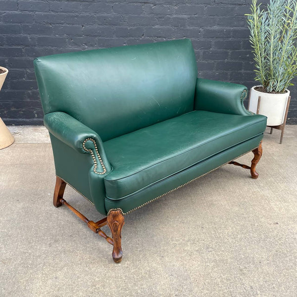 Vintage Leather Green Sofa with Carved Feet, c.1960’s