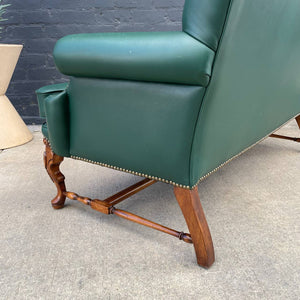 Vintage Leather Green Sofa with Carved Feet, c.1960’s