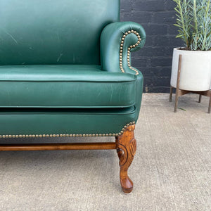 Vintage Leather Green Sofa with Carved Feet, c.1960’s