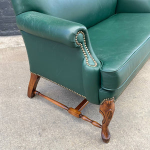 Vintage Leather Green Sofa with Carved Feet, c.1960’s