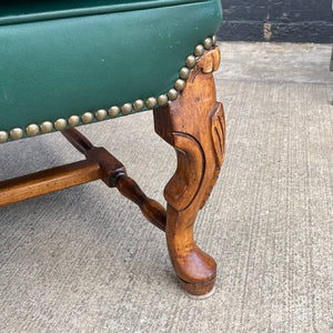 Vintage Leather Green Sofa with Carved Feet, c.1960’s