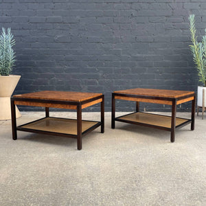Pair of Vintage Mid-Century Modern Olive Burl Wood & Cane Tier Side Tables, c.1960’s