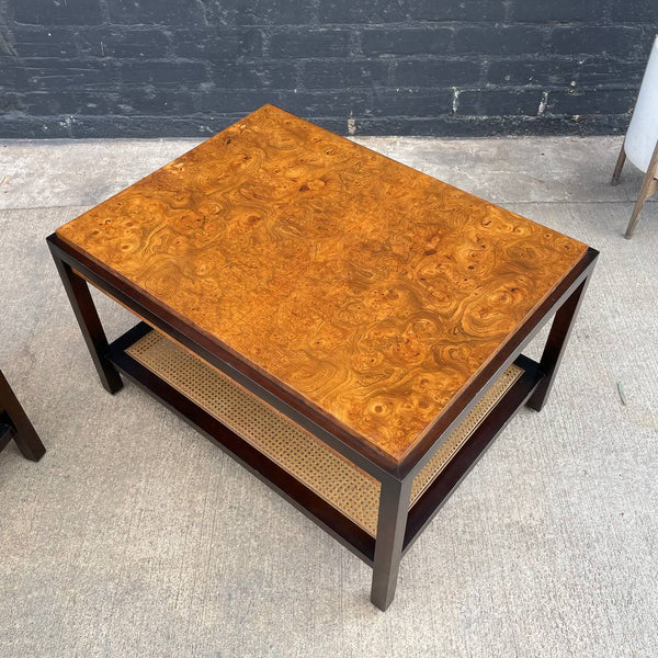 Pair of Vintage Mid-Century Modern Olive Burl Wood & Cane Tier Side Tables, c.1960’s