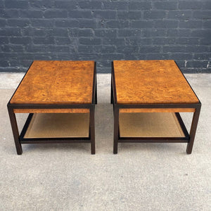 Pair of Vintage Mid-Century Modern Olive Burl Wood & Cane Tier Side Tables, c.1960’s
