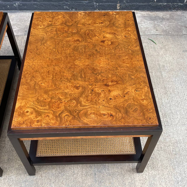 Pair of Vintage Mid-Century Modern Olive Burl Wood & Cane Tier Side Tables, c.1960’s