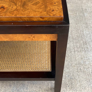 Pair of Vintage Mid-Century Modern Olive Burl Wood & Cane Tier Side Tables, c.1960’s