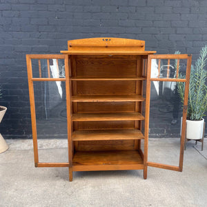 Antique Mission Style Oak & Glass Bookcase Cabinet, c.1950’s
