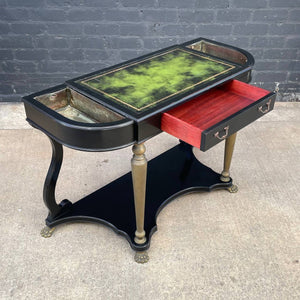 French Neoclassical Ebonized & Leather Top Console Table with Planter and Brass Claw Feet, c.1940’s