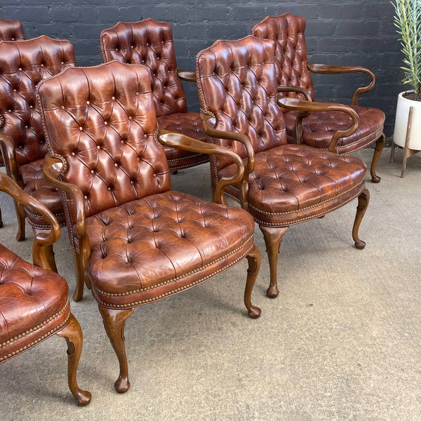 Set of 6 Mid-Century Modern Chesterfield Style Cognac Leather Arm Chairs, c.1960’s