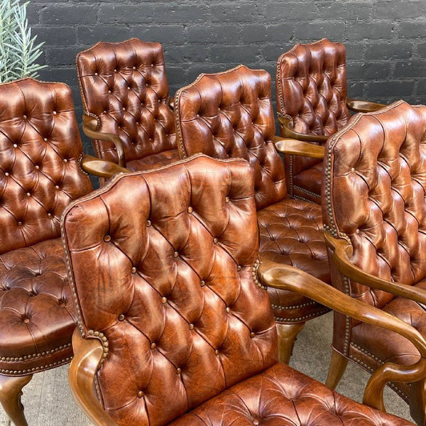 Set of 6 Mid-Century Modern Chesterfield Style Cognac Leather Arm Chairs, c.1960’s