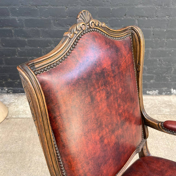 French Style Leather Swivel Carved Office Chair, c.1950’s