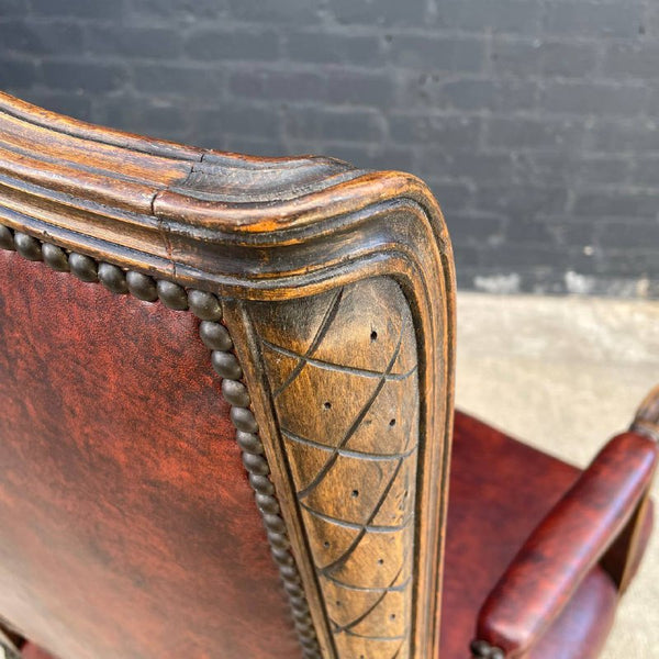 French Style Leather Swivel Carved Office Chair, c.1950’s