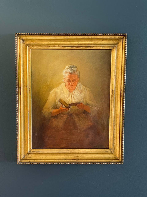 Antique Portrait Painting of Matriarch Reading with Gold Leaf Frame, c.1940’s