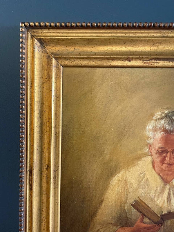 Antique Portrait Painting of Matriarch Reading with Gold Leaf Frame, c.1940’s