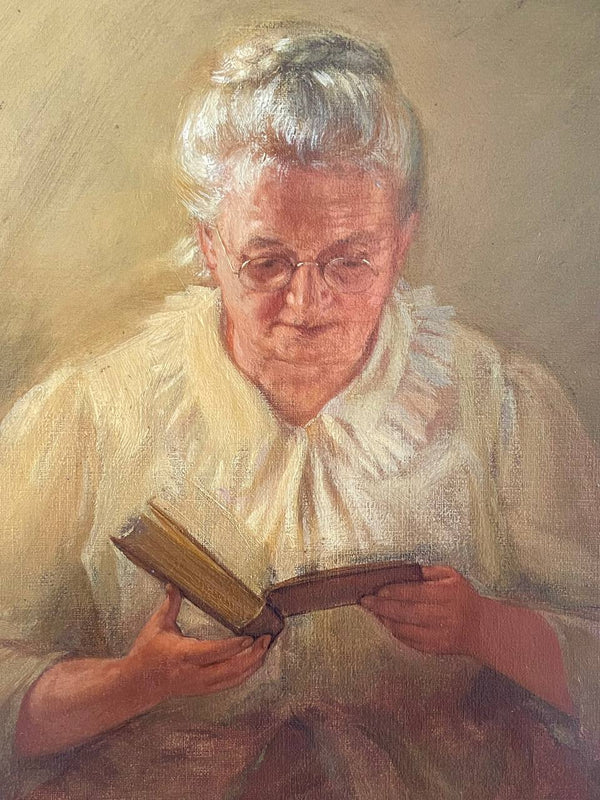 Antique Portrait Painting of Matriarch Reading with Gold Leaf Frame, c.1940’s