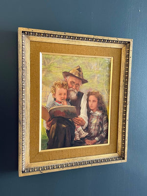 Vintage Portrait Painting of Family Reading, c.1950’s