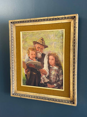 Vintage Portrait Painting of Family Reading, c.1950’s