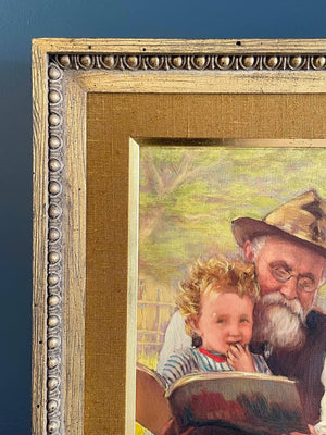 Vintage Portrait Painting of Family Reading, c.1950’s