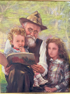 Vintage Portrait Painting of Family Reading, c.1950’s